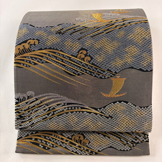 【庫存清倉】 袋帶 美品 名品級 帆掛船 波 金絲 金金箔 銀 六通 純蠶絲