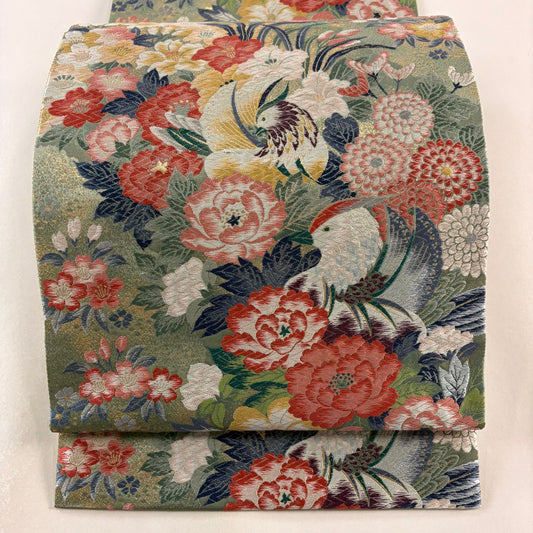 【庫存清倉】 袋帶 美品 名品級 草花紋紋 鳥 唐織 金金箔 灰綠 六通 純蠶絲
