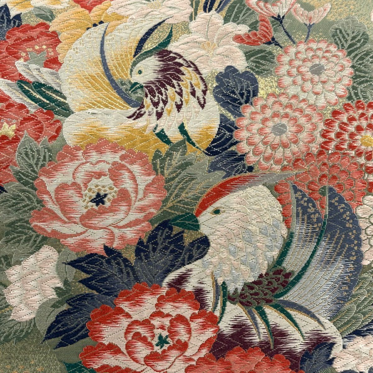 【庫存清倉】 袋帶 美品 名品級 草花紋紋 鳥 唐織 金金箔 灰綠 六通 純蠶絲