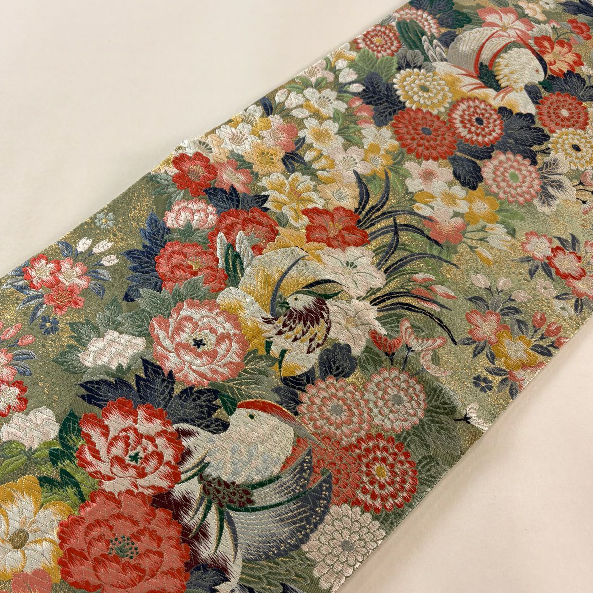 【庫存清倉】 袋帶 美品 名品級 草花紋紋 鳥 唐織 金金箔 灰綠 六通 純蠶絲