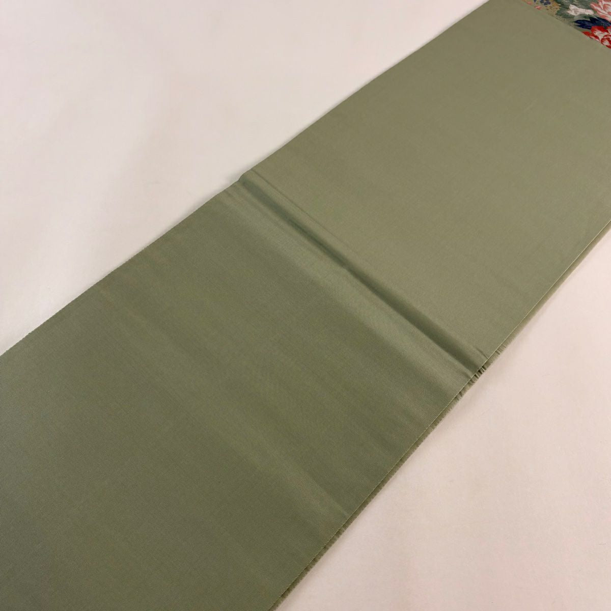 【庫存清倉】 袋帶 美品 名品級 草花紋紋 鳥 唐織 金金箔 灰綠 六通 純蠶絲