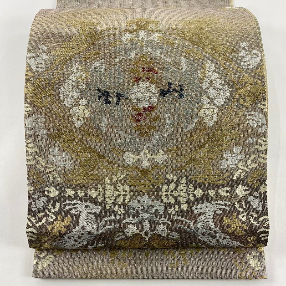 【庫存清倉】 袋帶 美品 名品級 紬織織 草花紋紋 動物刺繡 金金箔 灰茶 六通 純蠶絲