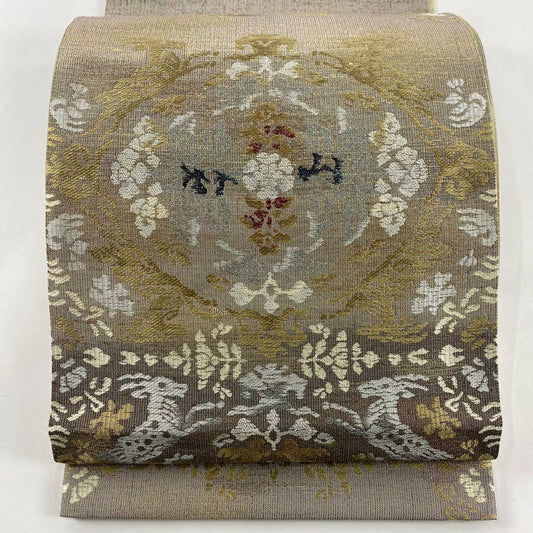 【庫存清倉】 袋帶 美品 名品級 紬織織 草花紋紋 動物刺繡 金金箔 灰茶 六通 純蠶絲