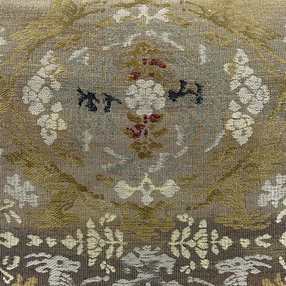 【庫存清倉】 袋帶 美品 名品級 紬織織 草花紋紋 動物刺繡 金金箔 灰茶 六通 純蠶絲