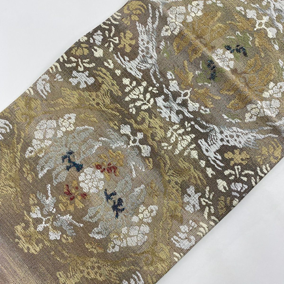 【庫存清倉】 袋帶 美品 名品級 紬織織 草花紋紋 動物刺繡 金金箔 灰茶 六通 純蠶絲