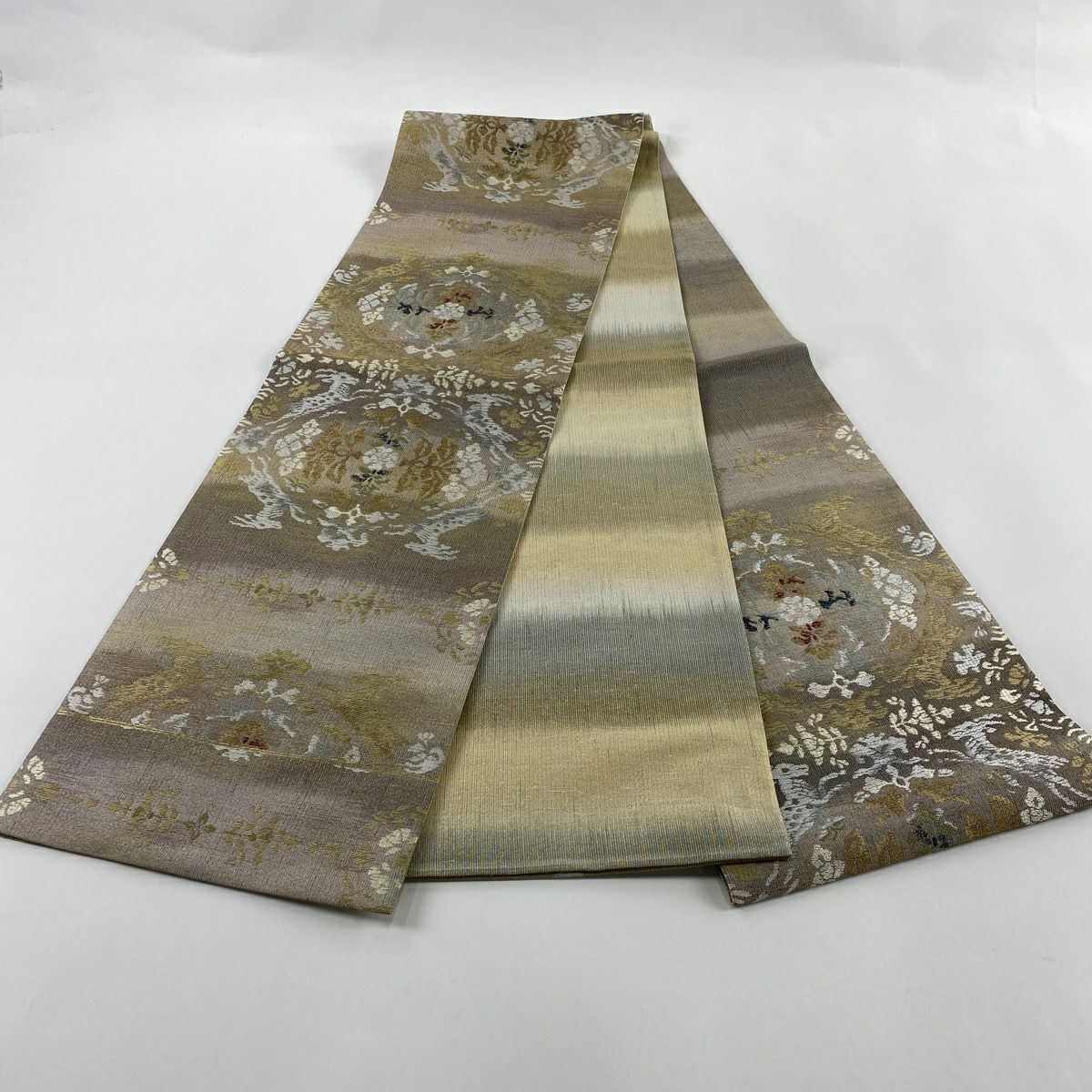 【庫存清倉】 袋帶 美品 名品級 紬織織 草花紋紋 動物刺繡 金金箔 灰茶 六通 純蠶絲