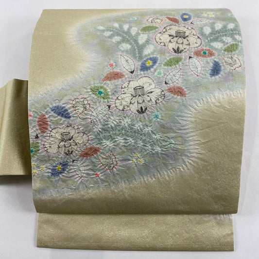 【庫存清倉】 名古屋帶 名品級 椿 霞 絞染 拉麵金金箔 米色 純蠶絲
