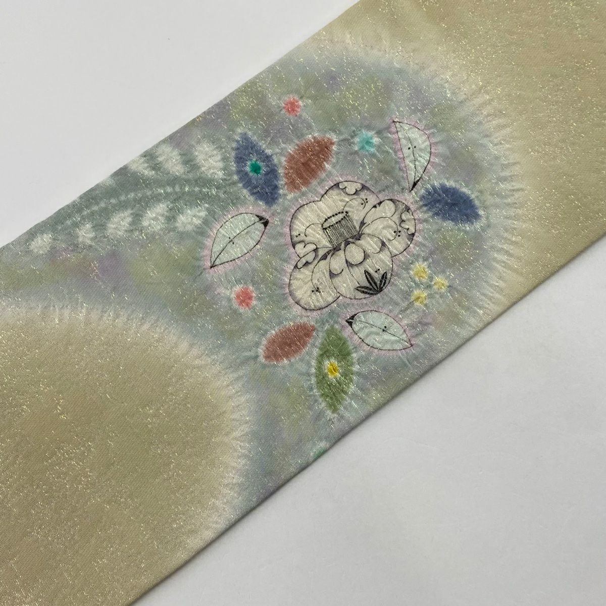 【庫存清倉】 名古屋帶 名品級 椿 霞 絞染 拉麵金金箔 米色 純蠶絲
