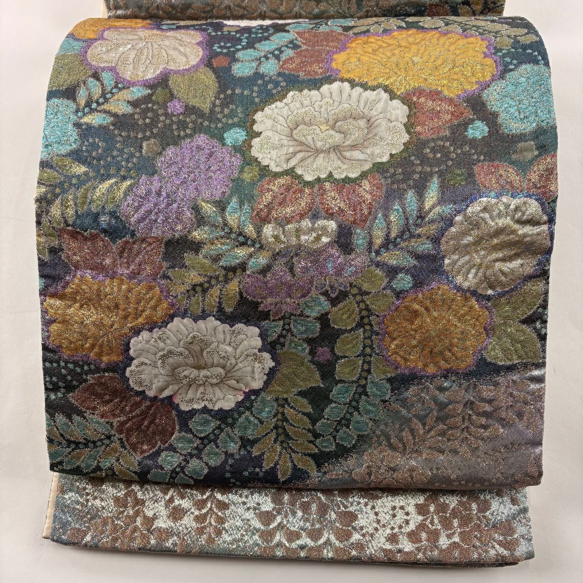 【庫存清倉】 袋帶 美品 名品級 草花紋紋 金金箔 灰綠色 大鼓圖案 純蠶絲