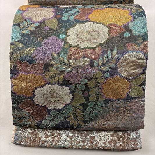 【庫存清倉】 袋帶 美品 名品級 草花紋紋 金金箔 灰綠色 大鼓圖案 純蠶絲