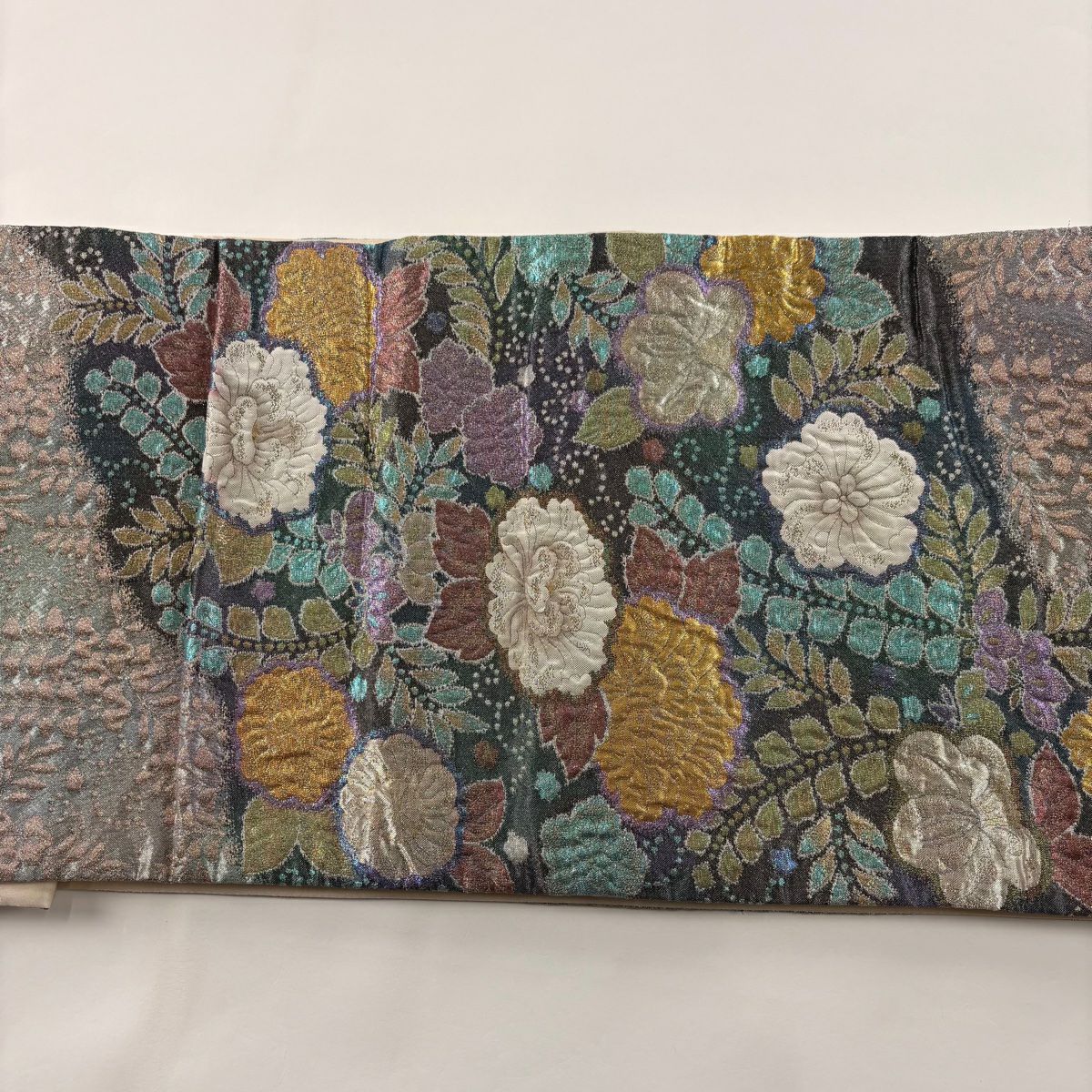 【庫存清倉】 袋帶 美品 名品級 草花紋紋 金金箔 灰綠色 大鼓圖案 純蠶絲