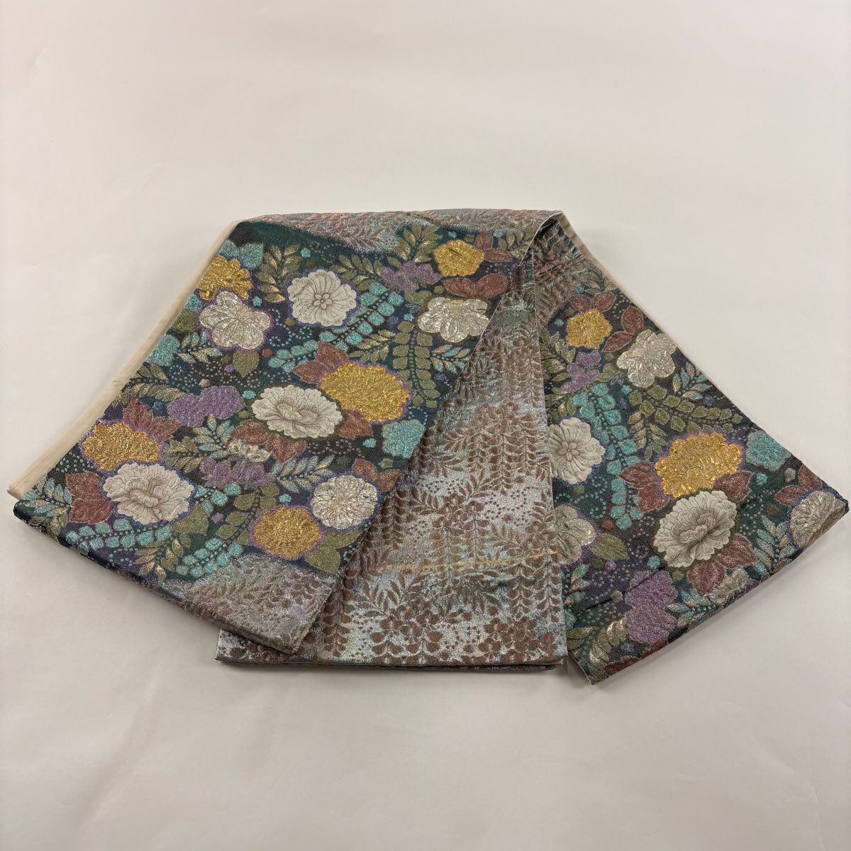 【庫存清倉】 袋帶 美品 名品級 草花紋紋 金金箔 灰綠色 大鼓圖案 純蠶絲