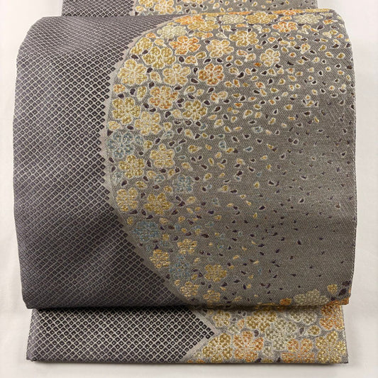 【庫存清倉】 袋帶 美品 名品級 花 花瓣 金絲 金金箔 灰紫 六通 純蠶絲