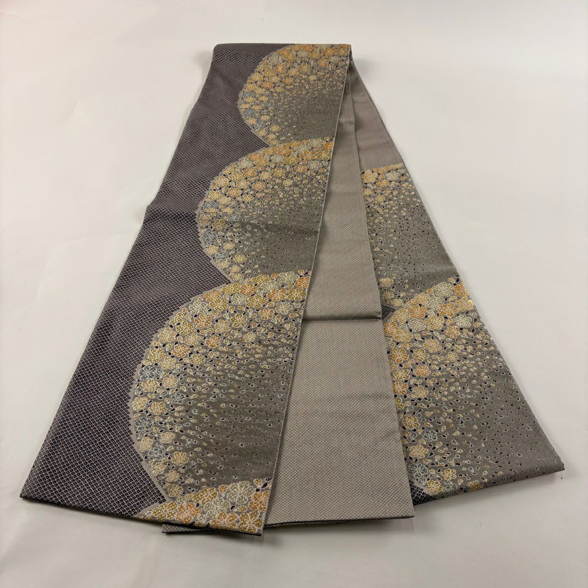 【庫存清倉】 袋帶 美品 名品級 花 花瓣 金絲 金金箔 灰紫 六通 純蠶絲