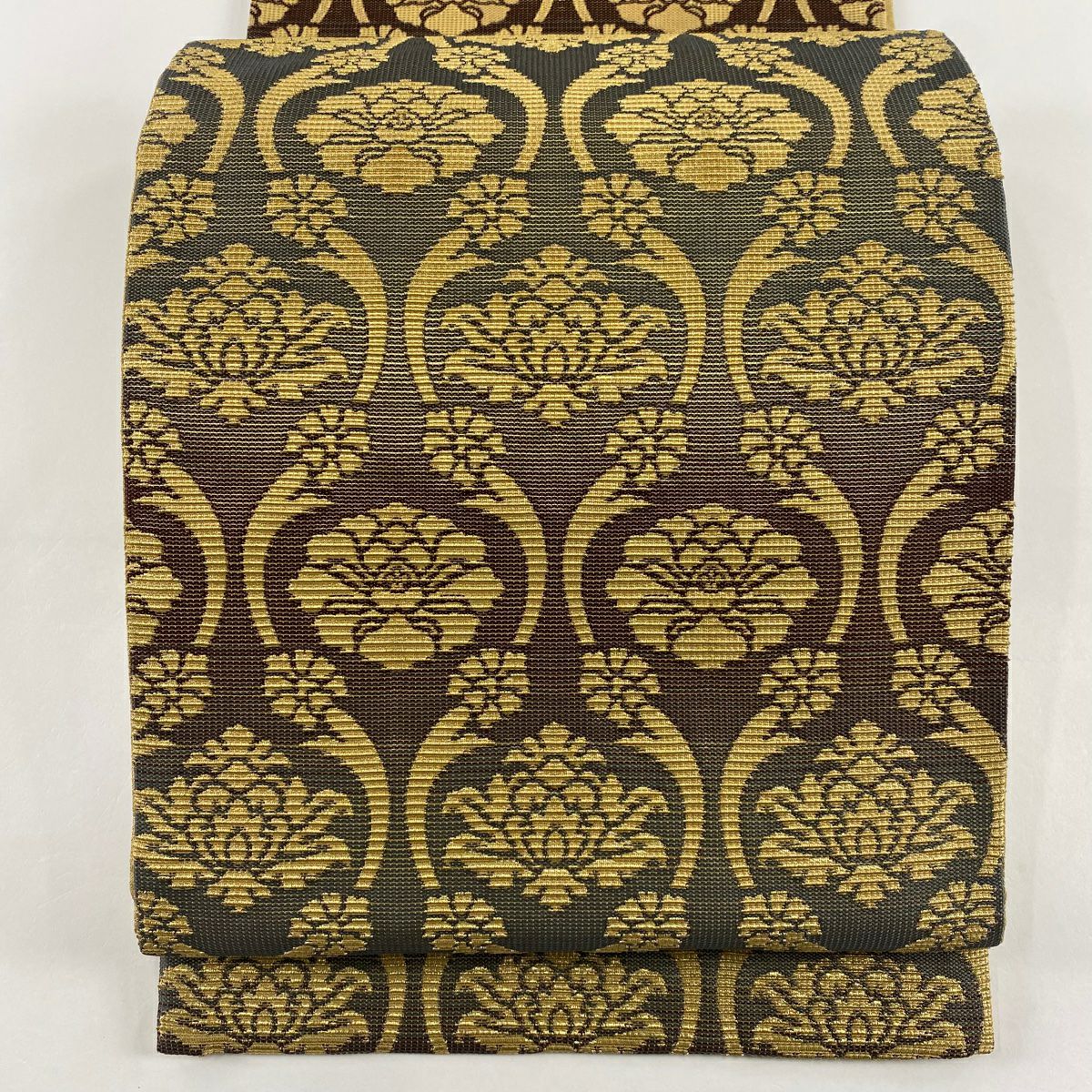 【庫存清倉】 袋帶 美品 名品級 有落款 花 段紋 金絲 黑灰 六通 純蠶絲