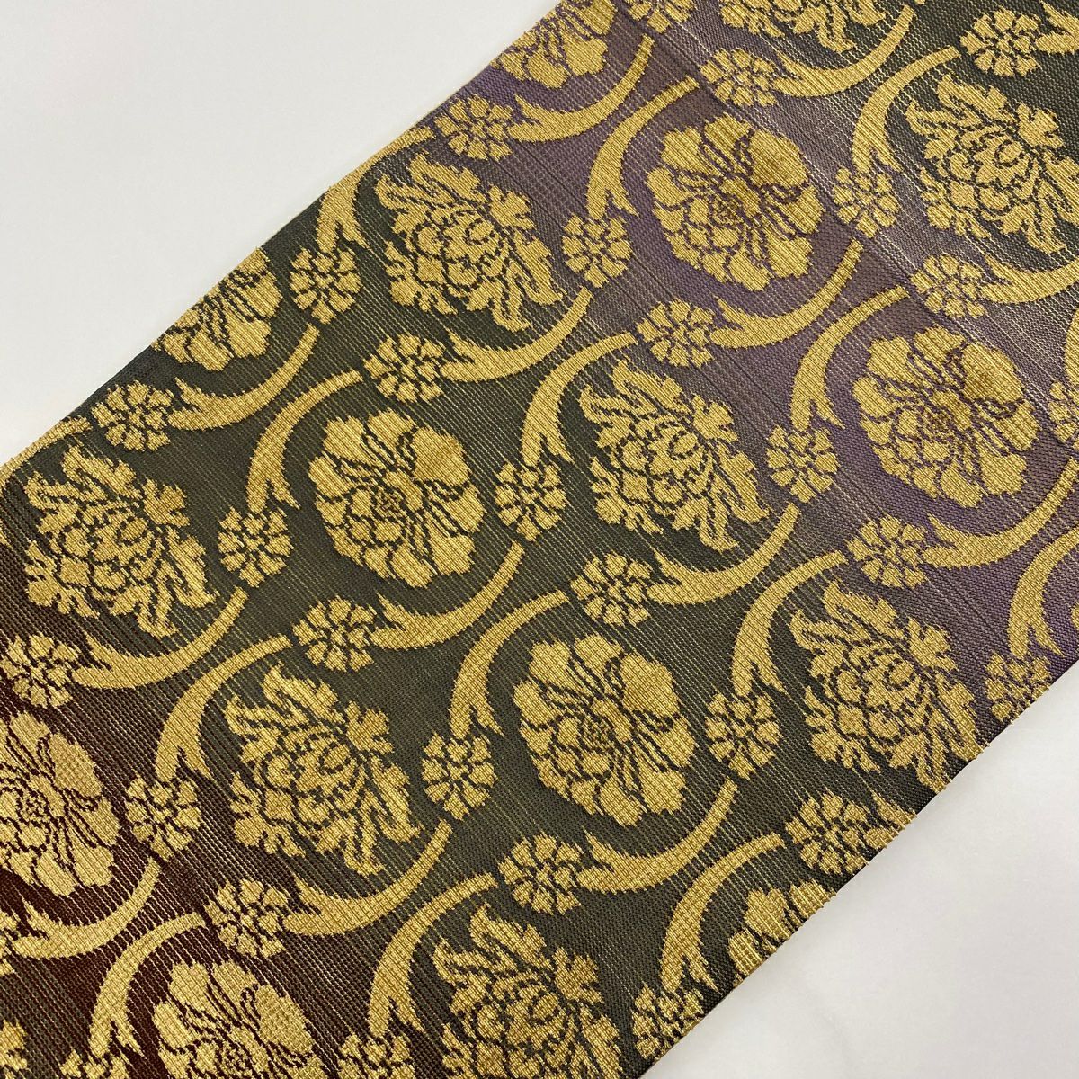 【庫存清倉】 袋帶 美品 名品級 有落款 花 段紋 金絲 黑灰 六通 純蠶絲