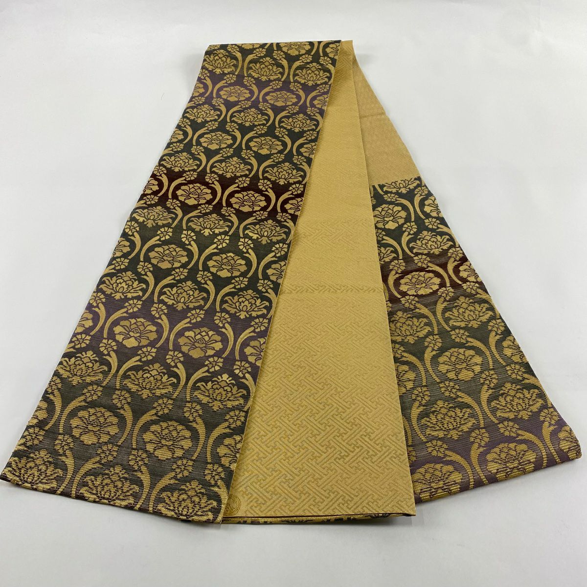 【庫存清倉】 袋帶 美品 名品級 有落款 花 段紋 金絲 黑灰 六通 純蠶絲