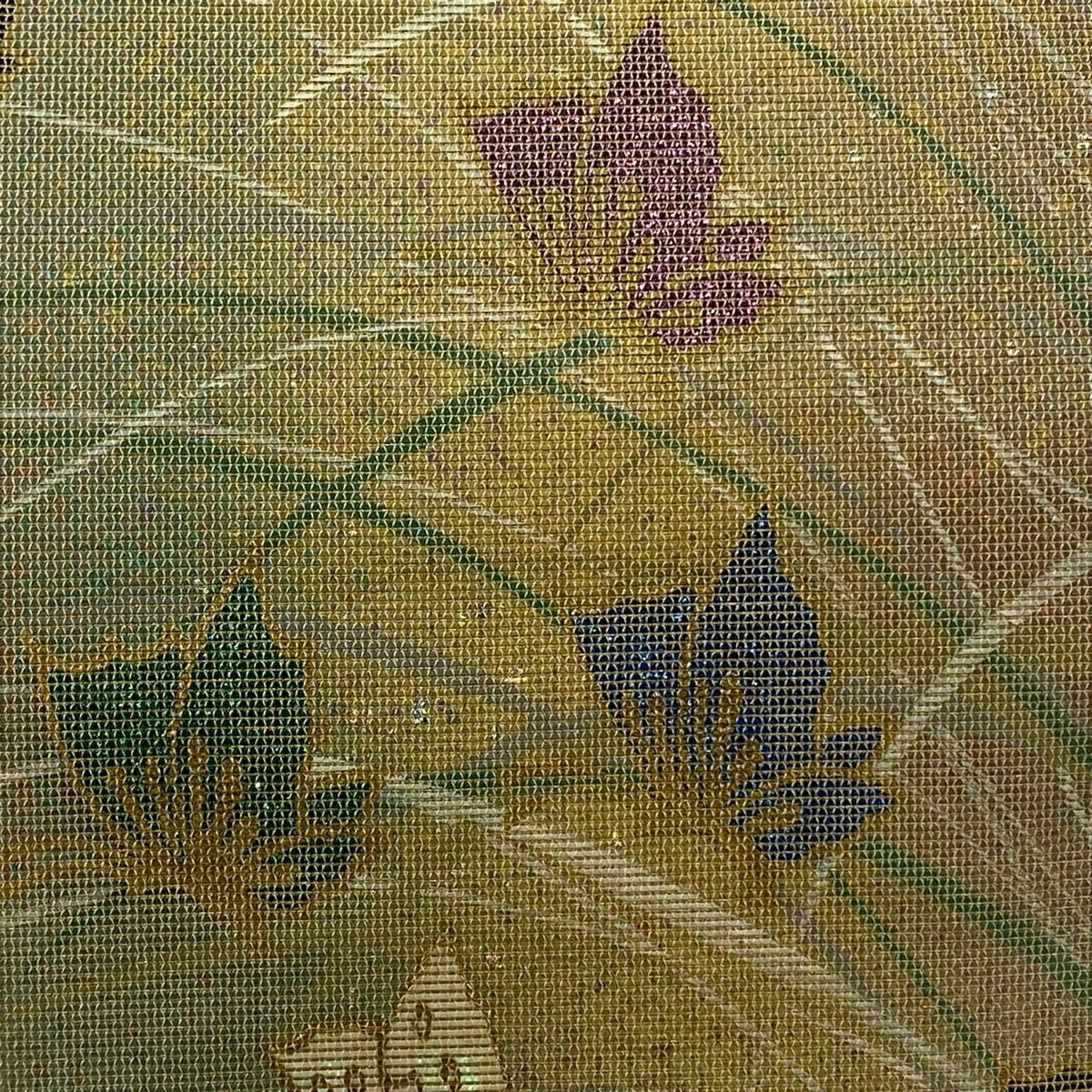 袋帶 秀品級 附有落款 蝴蝶 芝 金金箔 金銀彩 灰綠色 大鼓圖案 純蠶絲