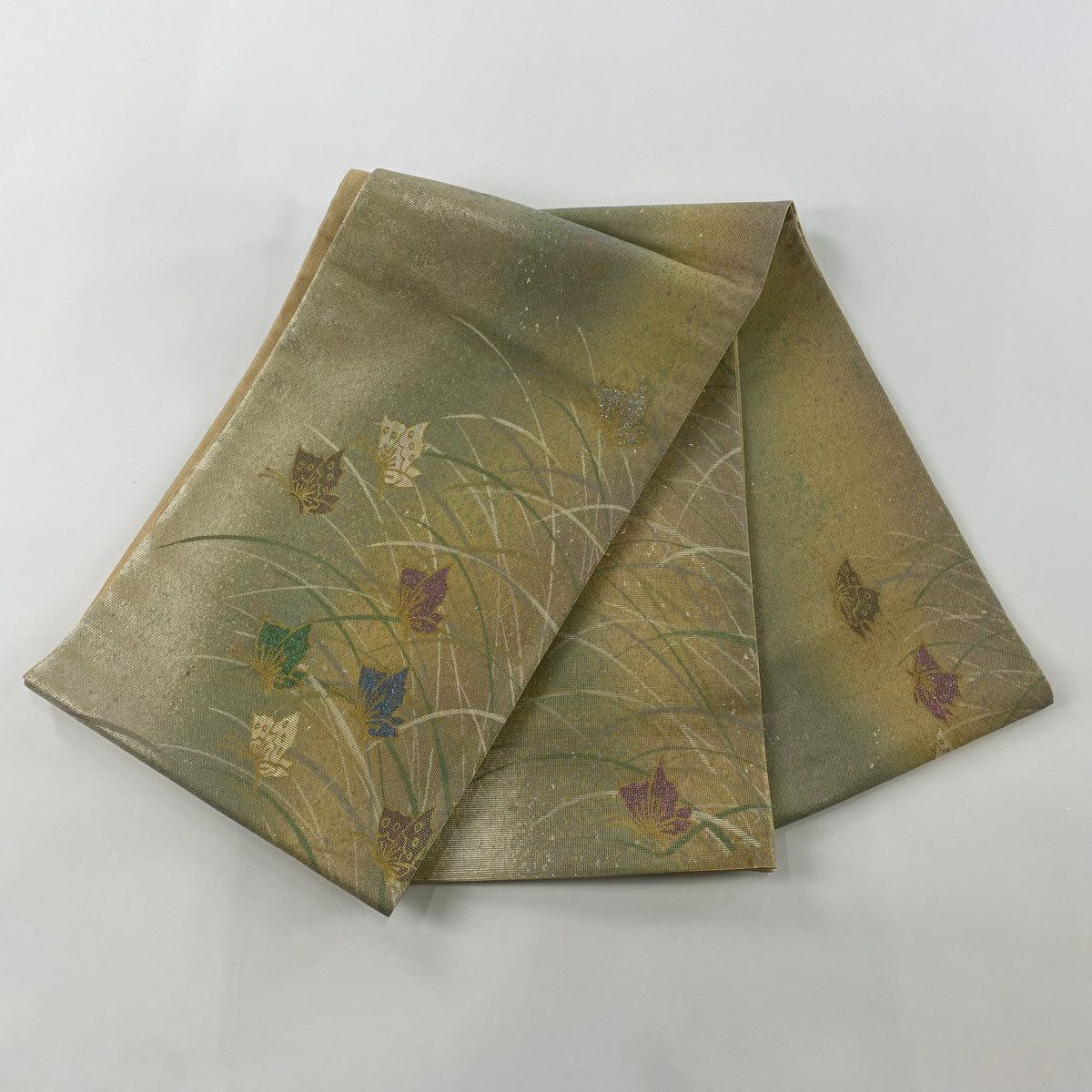 袋帶 秀品級 附有落款 蝴蝶 芝 金金箔 金銀彩 灰綠色 大鼓圖案 純蠶絲