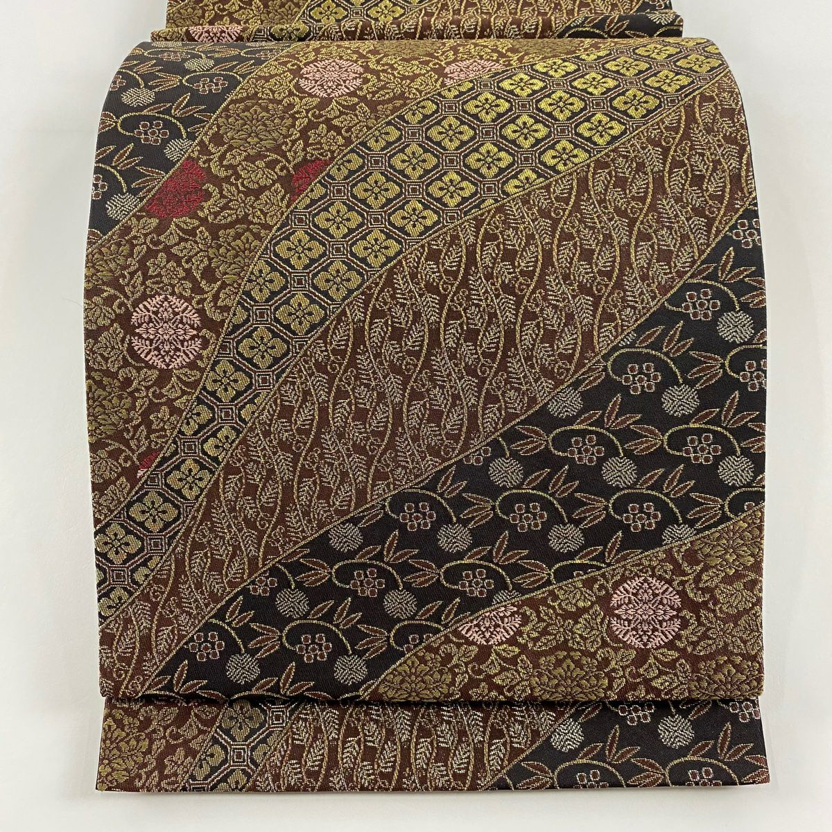 袋帶 美品 秀品級 蜀江文 草花紋紋 金絲 金金箔 焦茶 六通 純蠶絲