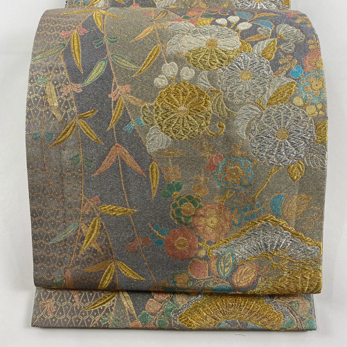 袋帶 秀品級 草花紋紋 松樹梅花 金銀彩 金金箔 銀 六通 純蠶絲