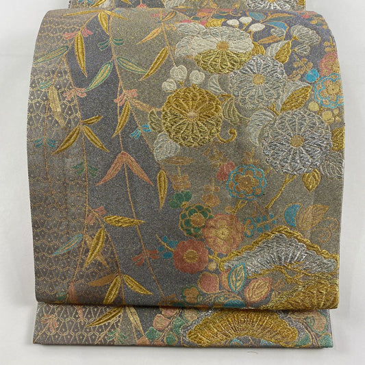 袋帶 秀品級 草花紋紋 松樹梅花 金銀彩 金金箔 銀 六通 純蠶絲
