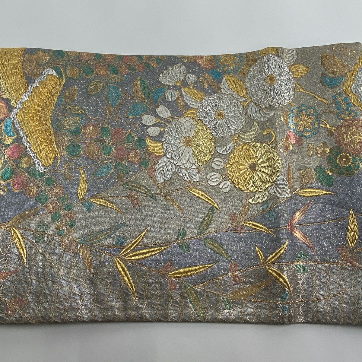 袋帶 秀品級 草花紋紋 松樹梅花 金銀彩 金金箔 銀 六通 純蠶絲