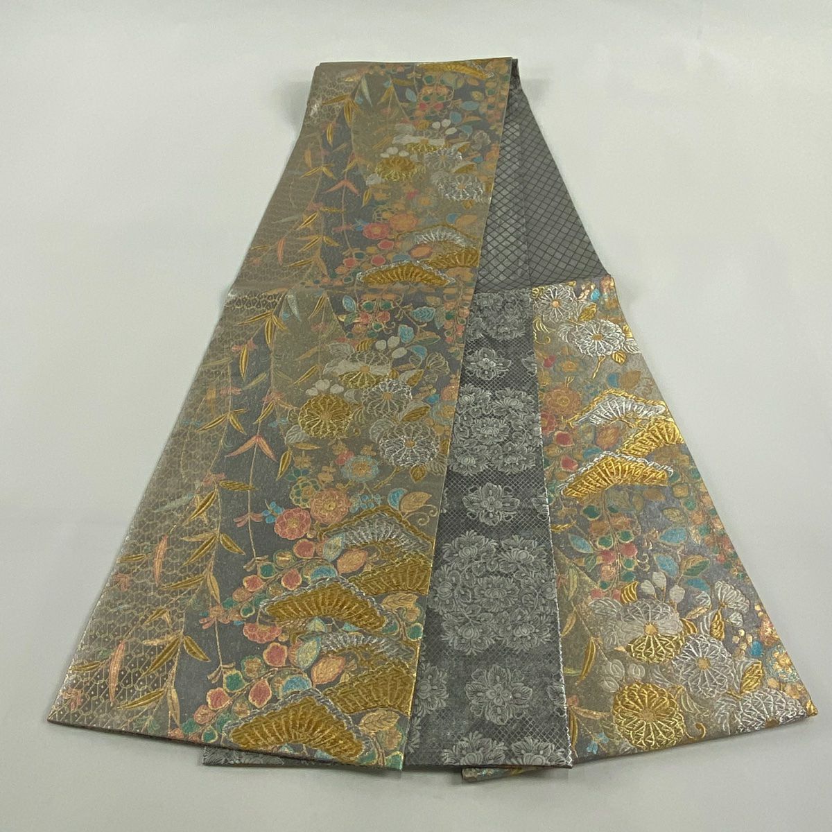 袋帶 秀品級 草花紋紋 松樹梅花 金銀彩 金金箔 銀 六通 純蠶絲