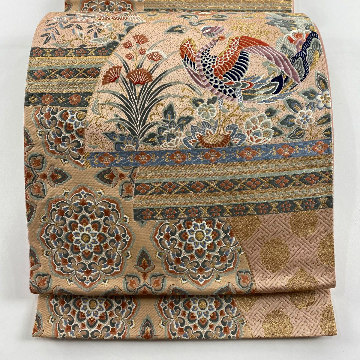 袋帶 美品 秀品級 花喰鳥 草花紋刺繡 金絲 粉色 六通 純蠶絲