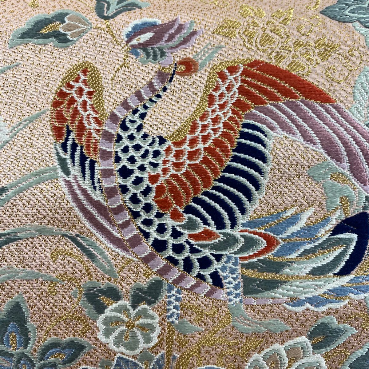 袋帶 美品 秀品級 花喰鳥 草花紋刺繡 金絲 粉色 六通 純蠶絲
