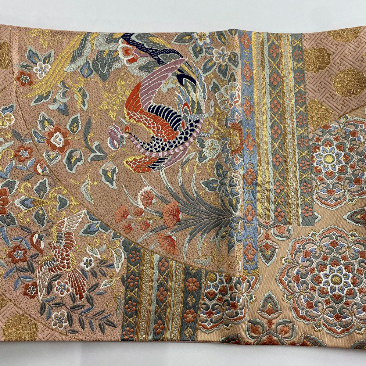 袋帶 美品 秀品級 花喰鳥 草花紋刺繡 金絲 粉色 六通 純蠶絲