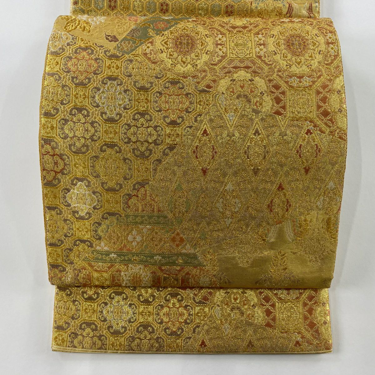 袋帶 美品 秀品級 蜀江華紋 笹蔓 金銀線 金金箔 金色 六通 純蠶絲