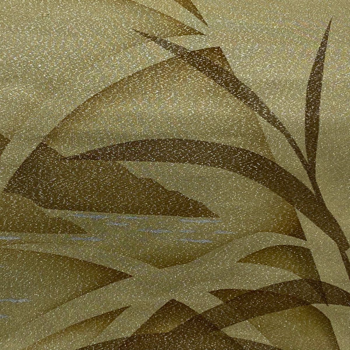 袋帶 秀品級 葉紋 水邊風景 金金箔 銀銀彩 淺茶 細鼓紋 純蠶絲