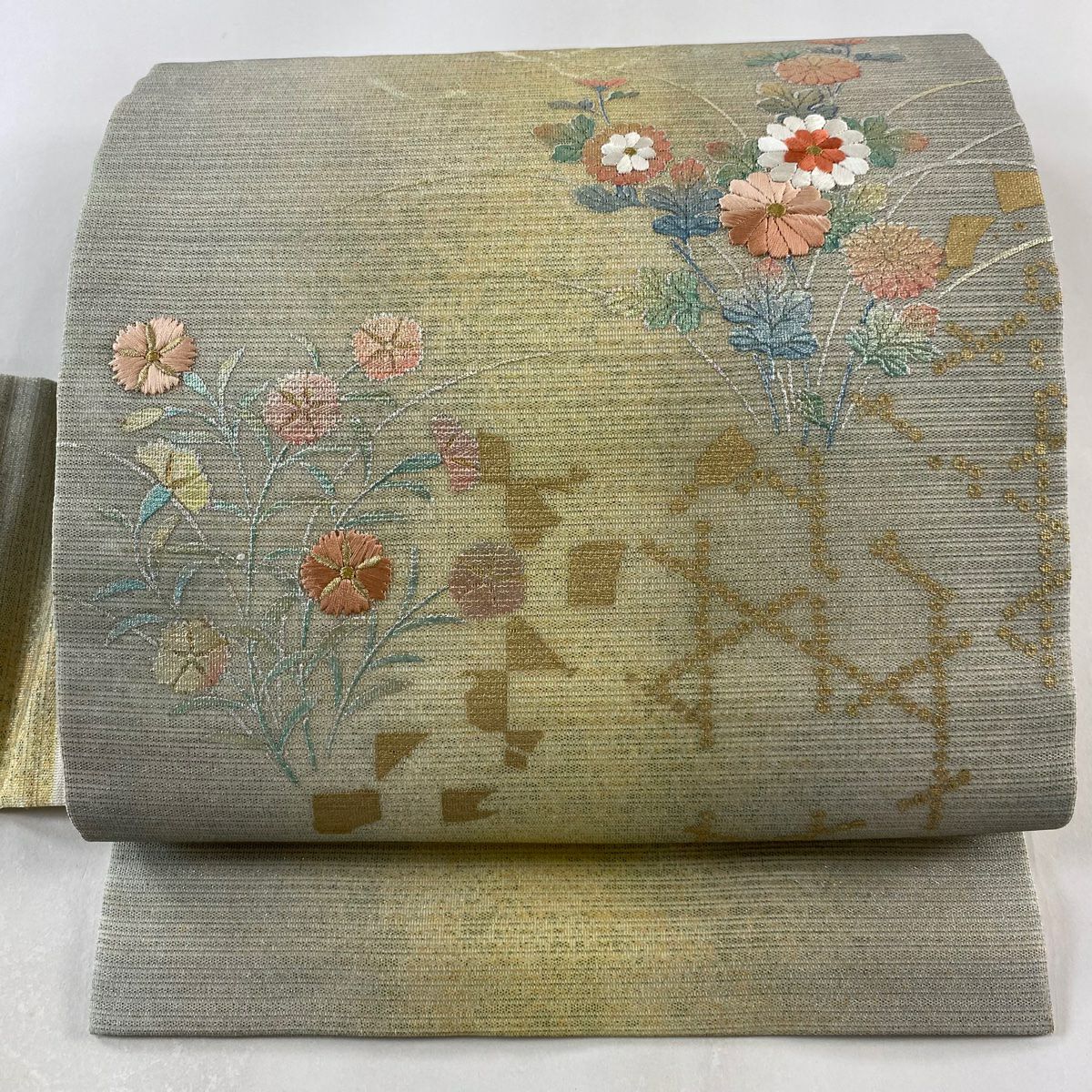 名古屋帶 秀品級 夏帶 菊花 撫子 刺繡 金銀彩 奶油色 純蠶絲