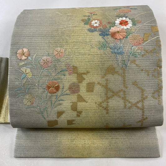 名古屋帶 秀品級 夏帶 菊花 撫子 刺繡 金銀彩 奶油色 純蠶絲