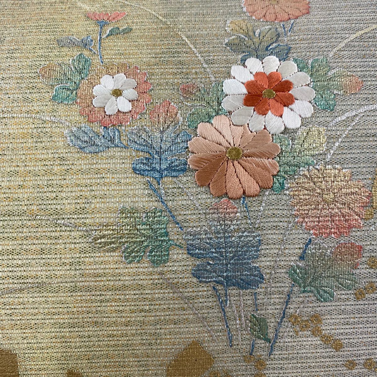 名古屋帶 秀品級 夏帶 菊花 撫子 刺繡 金銀彩 奶油色 純蠶絲