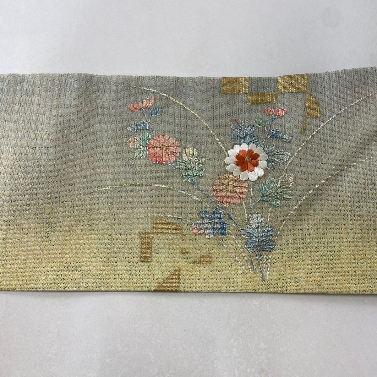 名古屋帶 秀品級 夏帶 菊花 撫子 刺繡 金銀彩 奶油色 純蠶絲