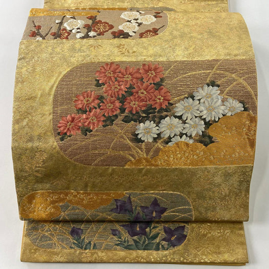 袋帶 秀品級 落款あり 清水六兵衛 菊花 枝梅花 金絲 金金箔 金色 六通 純蠶絲