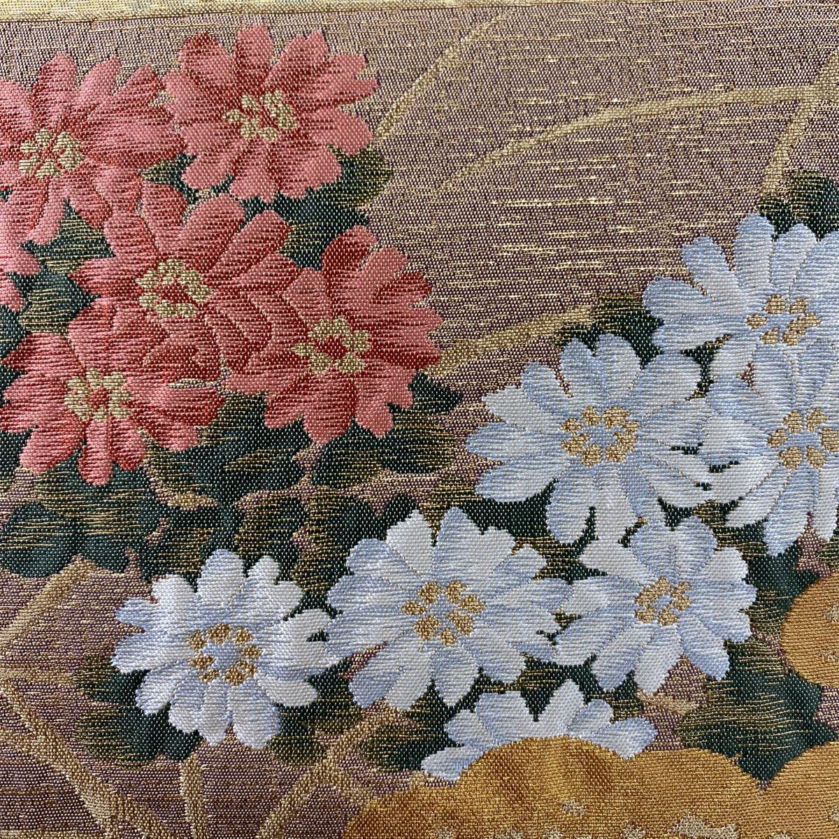 袋帶 秀品級 落款あり 清水六兵衛 菊花 枝梅花 金絲 金金箔 金色 六通 純蠶絲