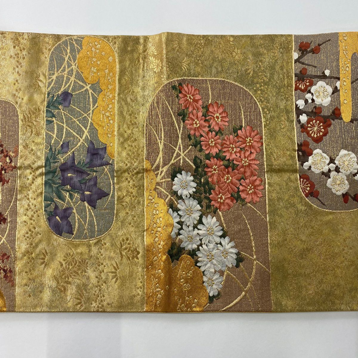 袋帶 秀品級 落款あり 清水六兵衛 菊花 枝梅花 金絲 金金箔 金色 六通 純蠶絲