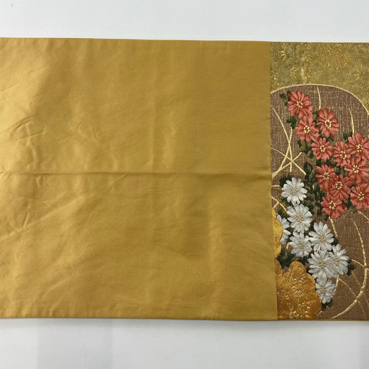 袋帶 秀品級 落款あり 清水六兵衛 菊花 枝梅花 金絲 金金箔 金色 六通 純蠶絲