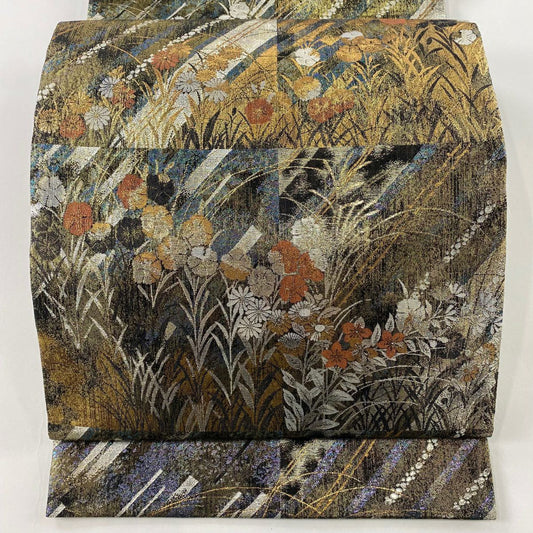 袋帶 秀品級 草花紋紋 斜紋 金金箔 金色 六通 純蠶絲