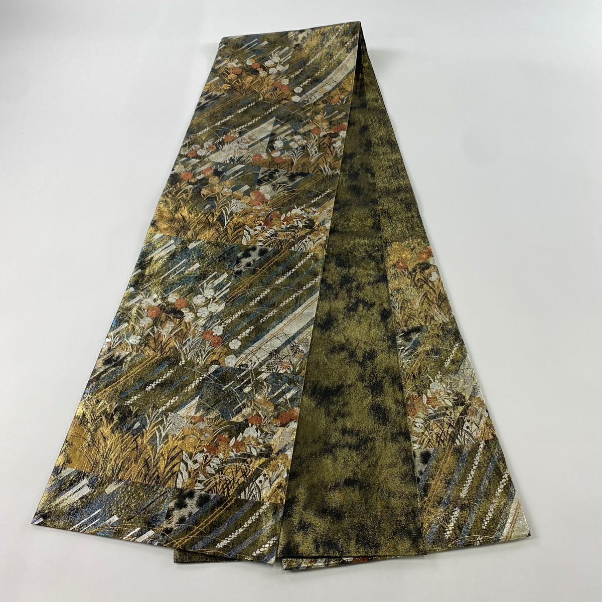 袋帶 秀品級 草花紋紋 斜紋 金金箔 金色 六通 純蠶絲