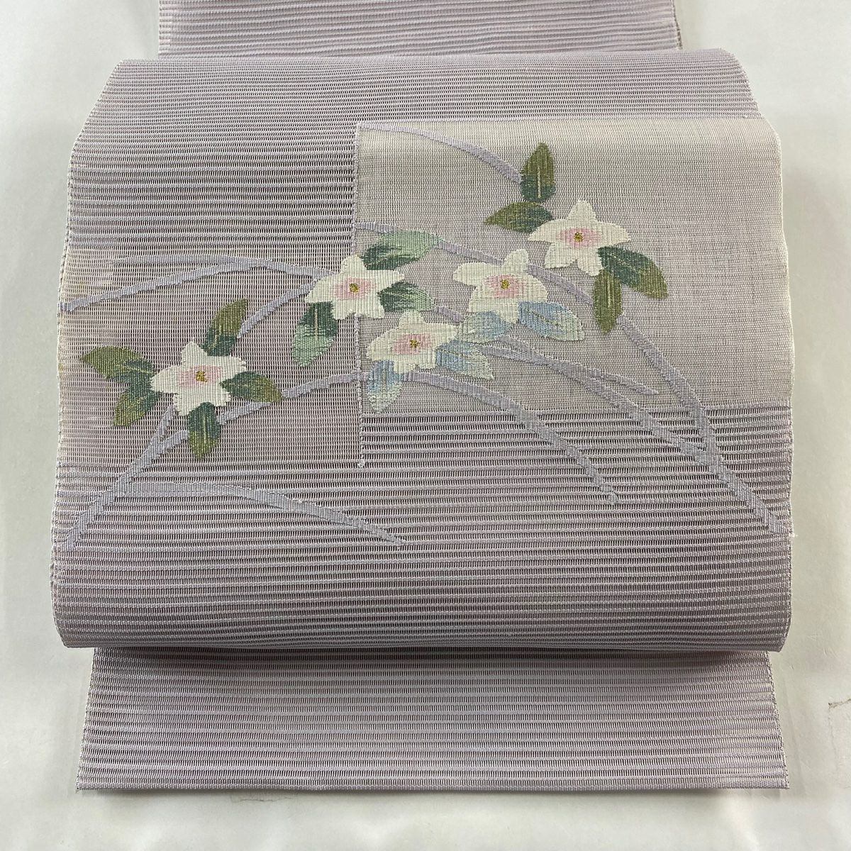 名古屋帶 秀品級 八寸名古屋帶 松樹葉仕立 夏帶 絽 藤蔓仕立 草花紋紋 芝 金絲 淺紫 純蠶絲