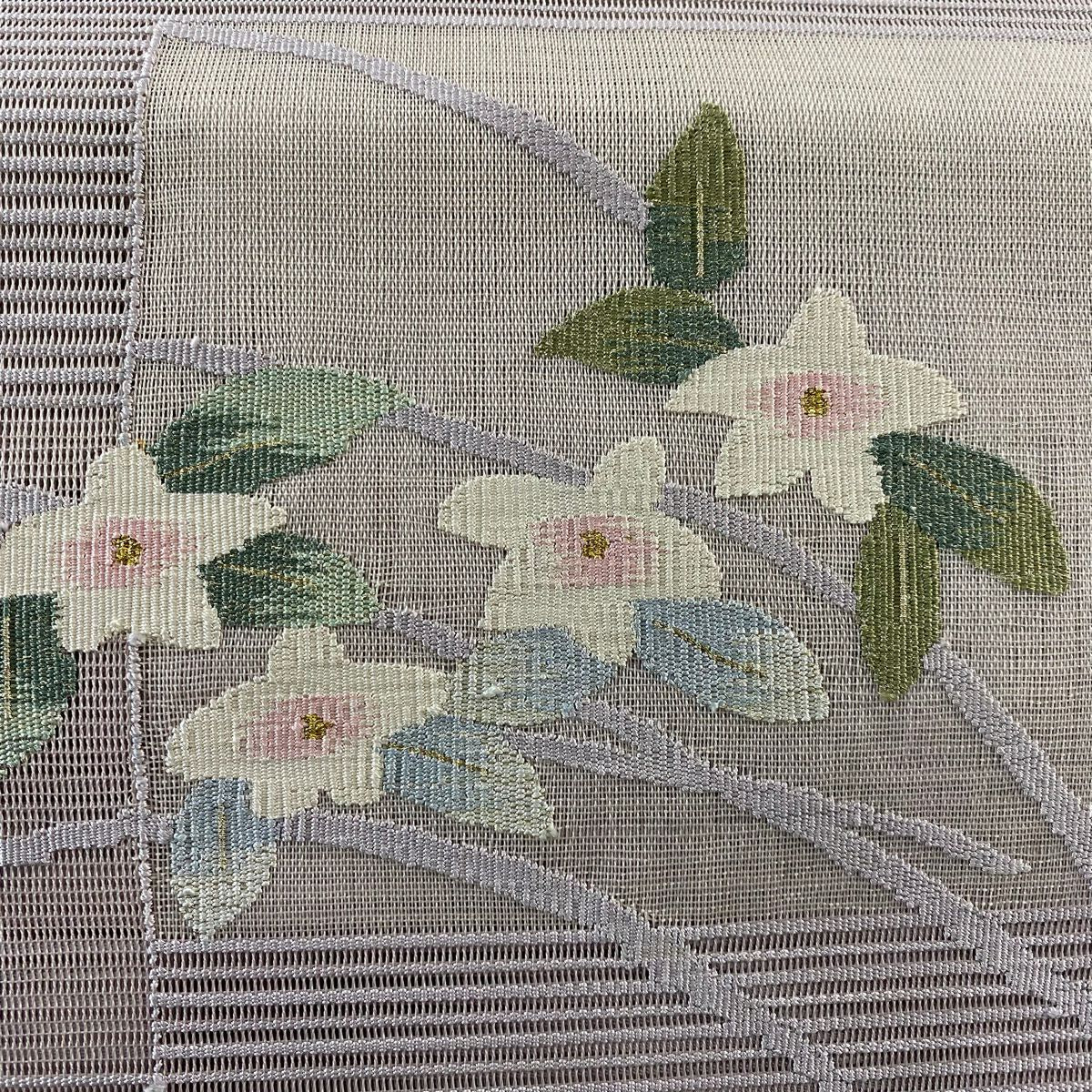 名古屋帶 秀品級 八寸名古屋帶 松樹葉仕立 夏帶 絽 藤蔓仕立 草花紋紋 芝 金絲 淺紫 純蠶絲