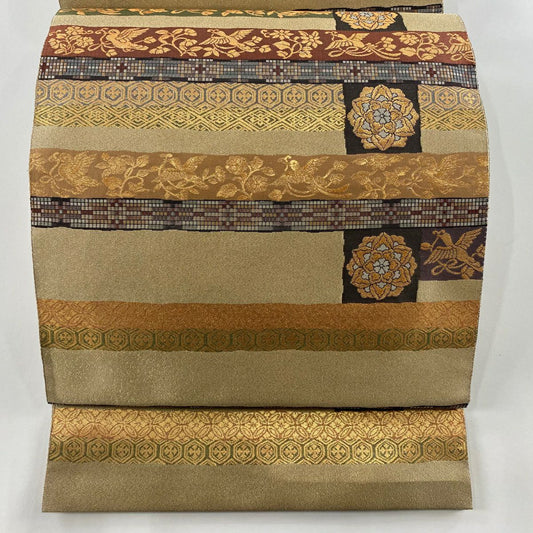 袋帶 秀品級 段紋 華紋 金金箔 金通し 米色 六通 純蠶絲