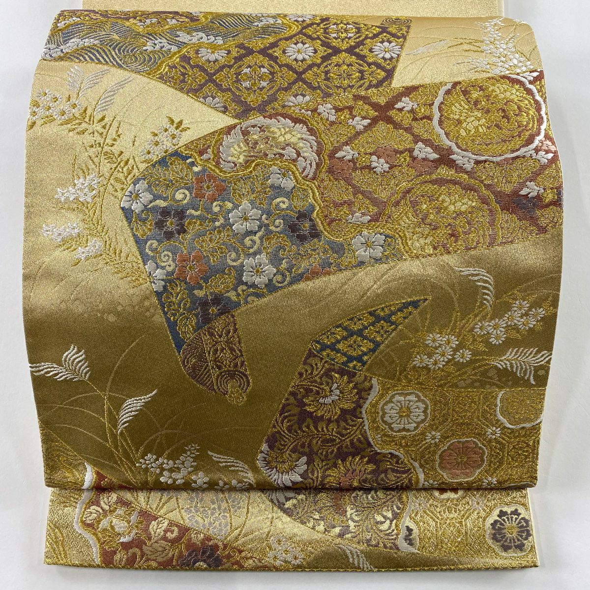 袋帶 美品 秀品級 卷物 花唐草紋 金絲 金金箔 金色 六通 純蠶絲