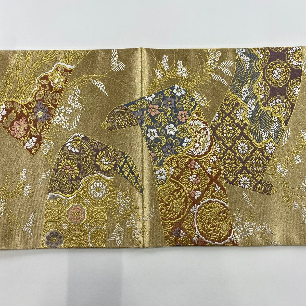 袋帶 美品 秀品級 卷物 花唐草紋 金絲 金金箔 金色 六通 純蠶絲