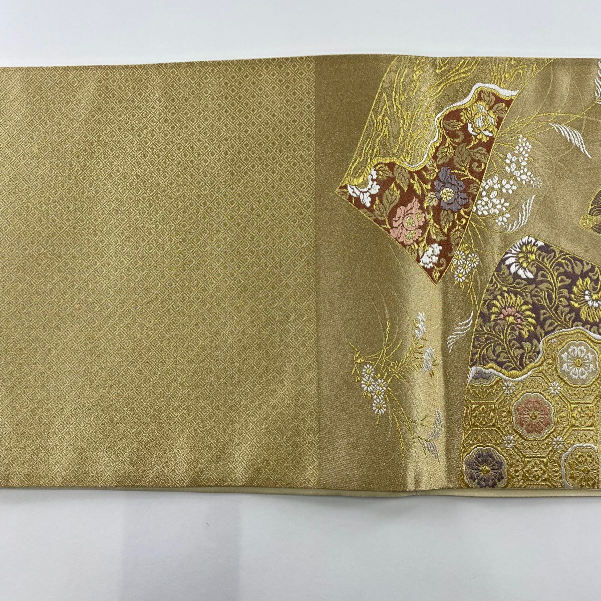 袋帶 美品 秀品級 卷物 花唐草紋 金絲 金金箔 金色 六通 純蠶絲