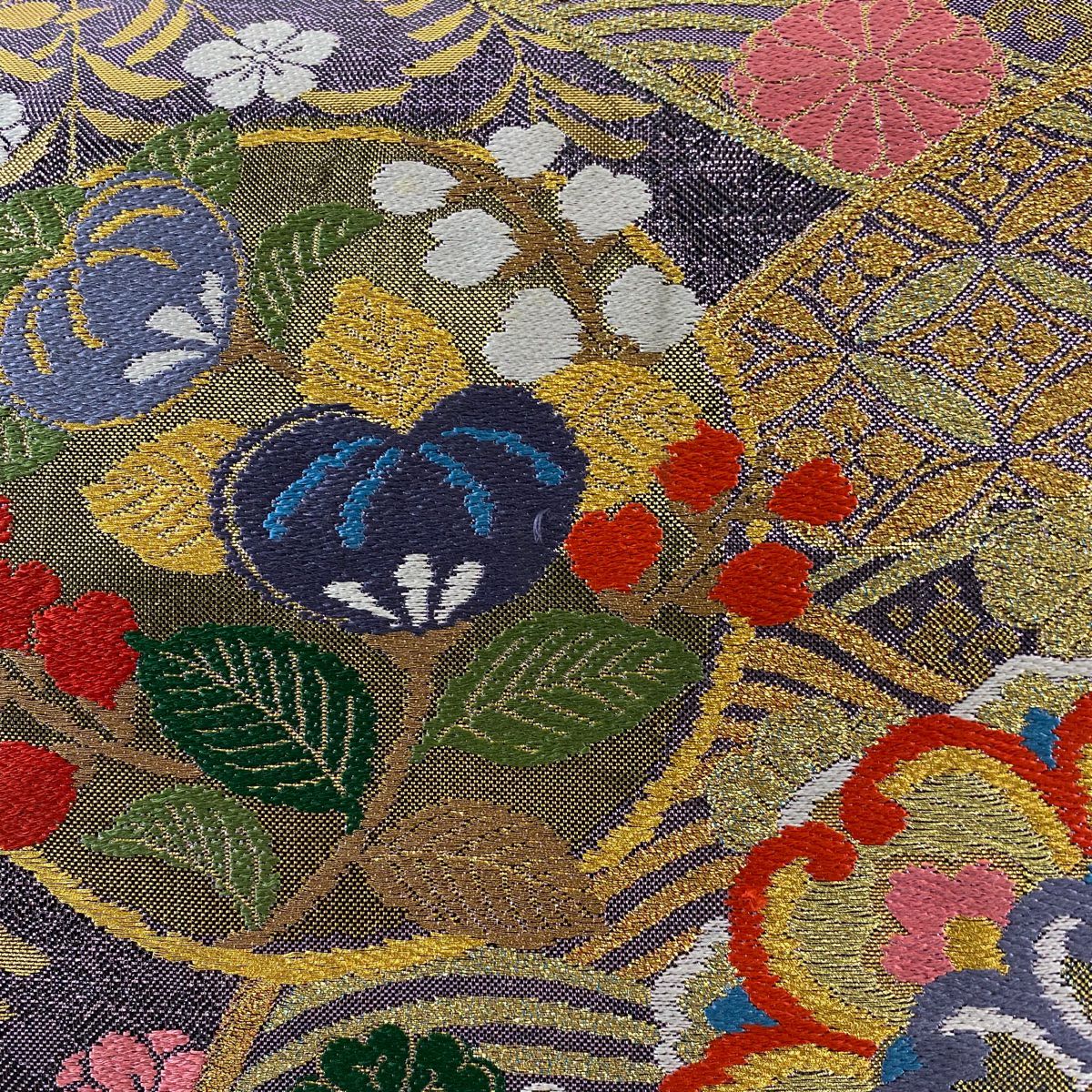 袋帶 美品 秀品級 青海取花丸紋 金糸 金金箔 紫 全通 純蠶絲